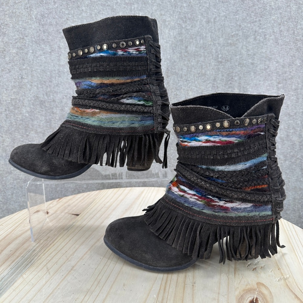 Naughty Monkey Ankle Boots Womens 8.5 Brown Suede Fringe Woven Studded Aztec
